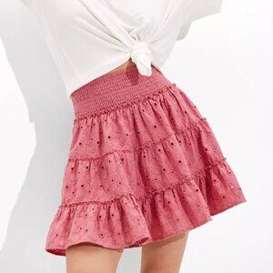 American Eagle Raspberry Eyelet Tiered Mini Skirt Smocked